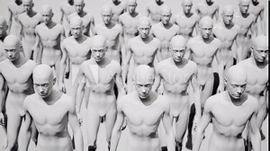 Army of robots. A crowd of cyborg workers marching in formation. 3D looped animation