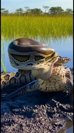 A shocking scene in a meadow near the water's edge as a giant python viciously devours a crocodile. #Python #Crocodile | Natural Wildlife