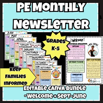 Editable PE Monthly Newsletter Templates (Canva) | K–5 | September–June