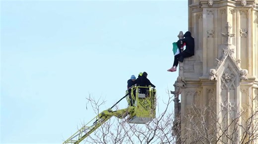 Scenes from Westminster as police talk to pro-Palestine protester who scaled the Elizabeth Tower