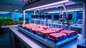 Cultured meat steaks being processed in a high tech bioengineering lab with advanced robotic machinery and indoor plants