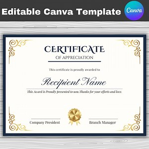 Editable Certificate of Appreciation Template, Customizable Award. Graduation Gift,certificate Template, Instant Download,printable Template - Etsy