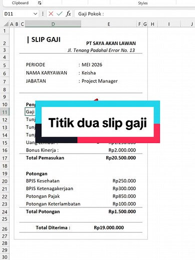 Titik dua lurus buat slip gaji di Excel