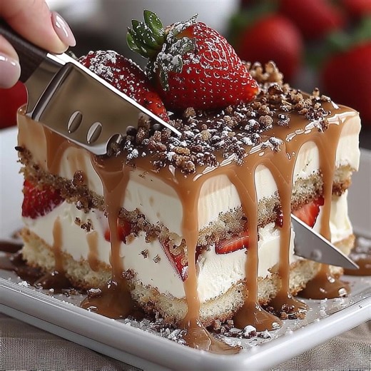 Moist Strawberry Cream Dream Layer Cake 🍰 This stunning, no-bake layered dessert is pure elegance! It features soft vanilla cake layers soaked in milk, rich cream cheese filling, fresh strawberries, and a decadent dulce de leche or caramel drizzle. It's the ultimate dreamy summer treat! Ingredients For the Cake Layers (Soaking): 1 box (or recipe yielding two 8x8 inch layers) of Vanilla Sponge Cake or Pound Cake, baked and cooled 1 cup Milk (whole milk recommended) or Sweetened Condensed Milk th