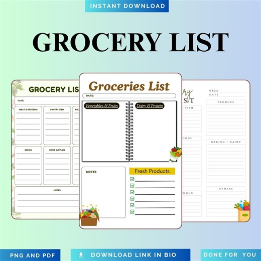 Weekly Grocery List Planner - Meal and Shopping Organizer - Instant Download