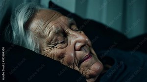 An elderly woman peacefully sleeping in a dark, serene environment. Her face shows signs of age and wisdom, reflecting a calm and restful moment.
