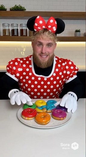 Jake Paul eating color donuts in costume