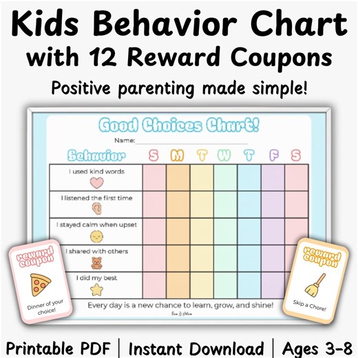 Kids Behavior Chart System | SEL Visual Routine With 12 Reward Coupons | Toddler & Preschool Behavior Tool | Printable Gentle Parenting PDF - Etsy