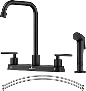 APPASO Black Kitchen Faucet with Side Sprayer, Matte Black Kitchen Sink Faucet with Sprayer, Stainless Steel 4 Hole Kitchen Faucet, 2 Handle Kitchen Sink Faucet 3 Hole with High Right Angle Spout