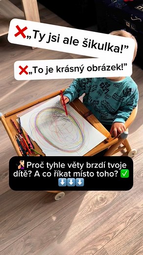 🎨 „To je ale krásný obrázek!” Děti nekreslí pro pochvalu, tak je tomu neučme. 🙏🏻 ⠀ 🧏🏻‍♀️ Když automaticky říkáme „šikulka“ nebo hodnotíme výsledek („To je krásné!“), dítě se učí tvořit pro UZNÁNÍ DRUHÉHO – ne pro sebe, ne pro radost z tvoření. 🌀 Co zkusit místo hodnocení? ✅ Popiš, co vidíš: „Vidím spoustu kytiček.“ ⠀ ✅ Oceň úsilí, ne výsledek: „Ty lístečky ti musely dát hodně práce.“ ⠀ ✅ Zeptej se: „Proč je ten strom modrý?“ ⠀ ✅ Vnímej emoce dítěte: „Líbí se mi, jakou máš z obrázku radost.