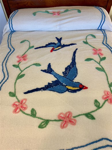 Vintage Chenille Bluebird Bedspread, Lightweight White Blue 1950's Cotton Full Queen Bedding - Etsy