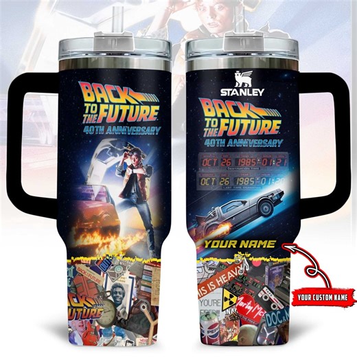 🕒 Custom Name • Great Scott! • Limited Collector’s Tumbler Step inside the DeLorean and travel back in time with this exclusive Back to the Future 40th Anniversary tumbler — designed for true fans who grew up on flux capacitors, hoverboards, and 1.21 gigawatts of pure nostalgia. 🔥 💥 Why You’ll Love It: ✅ Customizable with YOUR NAME — make it your personal time machine mug ✅ Epic 40th Anniversary artwork featuring Marty, Doc, and the DeLorean ✅ Premium Stanley-style insulation keeps drinks at 