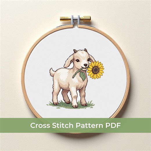 Cute Baby Goat with Sunflower Cross Stitch Pattern PDF, Modern Farmhouse Animal Decor, Cottagecore Needlepoint Chart, Instant Download