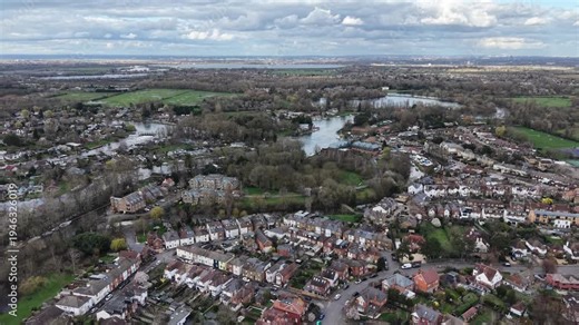 Weybridge Surrey UK Riverside on the River Thames Aerial View houses and streets