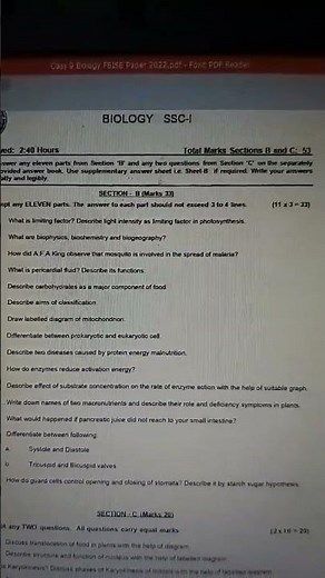 Biology Paper 9th Class 2022 Subjective Federal Board