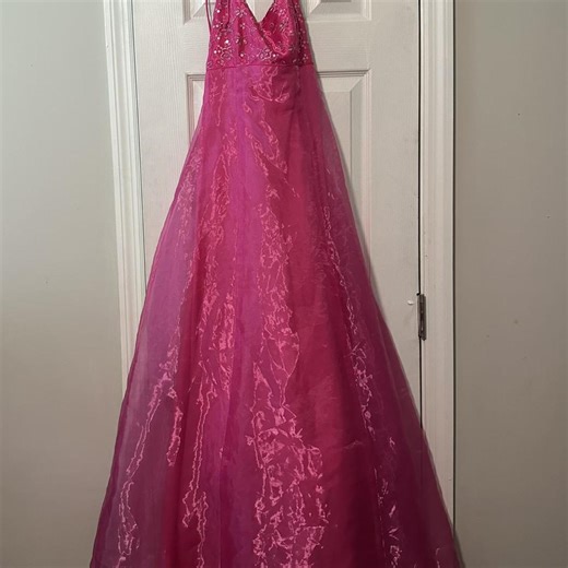 Hot pink prom dress with sequins and beading. Halter... | Depop