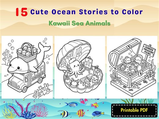 Cute Under the Sea Coloring Pages – Kawaii Ocean Animal Adventure | Isometric Kids Printable - Etsy