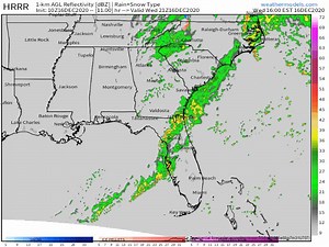 Radar for today. Frontal line moves eastward with potential storms for parts of Florida and eastern NC. SPC - Storm Prediction Center - mentions possible supercells which could produce a Tornado to watch. Will be gone by overnight. www.spaghettimodels.com | Mike's Weather Page