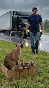A kind-hearted truck driver spots a stranded mother cat and her kittens on a rainy highway roadside. He stops his journey to rescue them, bringing them safely into his truck cab. The story concludes with the driver happily playing with the now older kittens in his home, having adopted the family. | Vu Stories