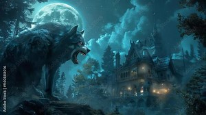 video of werewolf growls in the moonlight, illuminated by the full moon shining over a forest with a gothic house
