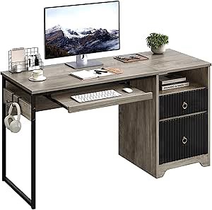 Bestier 55 Inch Computer Desk with Keyboard Tray, Modern Office Desk with Storage, Wood Writing Desk with File Drawer, Fluted Panel & 2 Hooks for Home Office & Studio, Grey