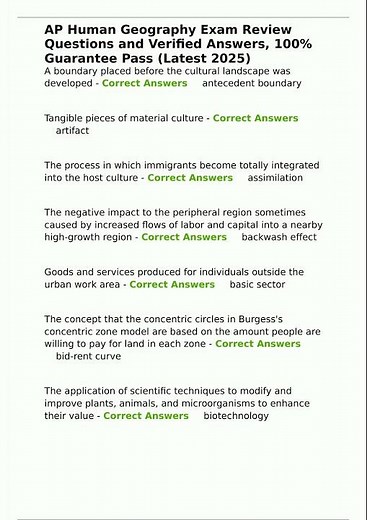AP Human Geography Exam Review Questions and Verified Answers 100 Guarantee Pass Latest