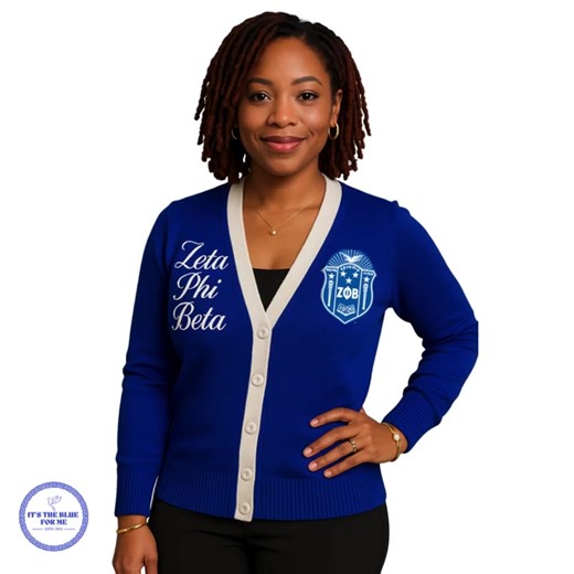 Zeta Phi Beta Royal Blue & White Cardigan – Classic Sorority Style Step into excellence with our Zeta Phi Beta Royal Blue Cardigan, the perfect blend of tradition, elegance, and sisterhood pride. This premium knit sweater features vibrant royal blue fabric trimmed with striking white accents or the reverse with a white fabric and royal blue accents, along the collar and button placket, offering a polished look that transitions effortlessly from chapter meetings to professional settings. Design F