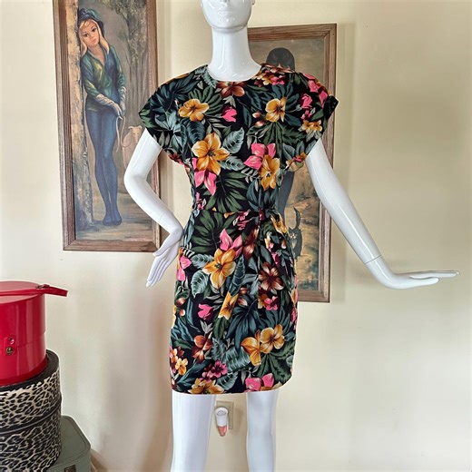 Vintage 80s Tropical Floral Short Sleeve Sarong Mini Dress Wiggle M - Etsy
