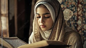 Muslim girl reading the Quran, immersed in her study.
