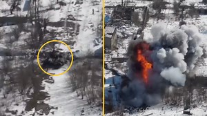 Ukrainian army says "game over, Russian invaders!” as drone captures tank blown up into a fireball