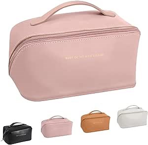 Makeup Bag - Large Capacity Travel Cosmetic Bag, Multifunctional Storage Leather Makeup Bag, with Handle and Divider Waterproof Travel Cosmetic Bag (Pink)