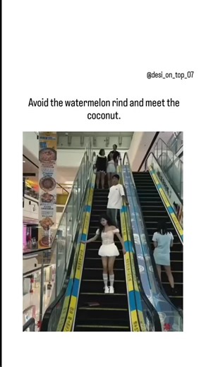 Haryana on Instagram: "The video compiles awkward comedic moments of a man navigating urban mishaps, such as averting his gaze from a woman's short skirt on an escalator only to slip on a wet floor spot, echoing the caption's theme of trading one hazard for another. "Watermelon rind" likely symbolizes the slippery, avoidable danger (like a glance or spill), while "coconut" represents the hard, unexpected follow-up impact, a phrase popularized in 2025 YouTube shorts for relatable fails. Posted by