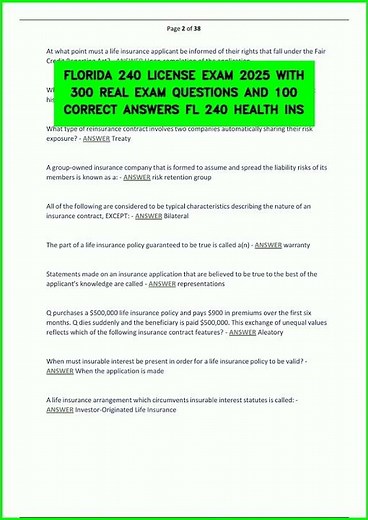 FLORIDA 240 LICENSE EXAM 2025 WITH 300 REAL EXAM QUESTIONS AND 100 CORRECT ANSWERS FL 240 HEALTH INS