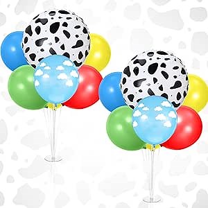 2 Sets Cartoon Birthday Party Decorations Table Centerpiece Red Yellow Blue Balloon Stand Kit with Cloud Cow Print Foil and Latex Balloon for Baby Shower Farm Animals Wedding Supplies