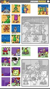 Cartoon illustration of educational jigsaw puzzle games set with...
