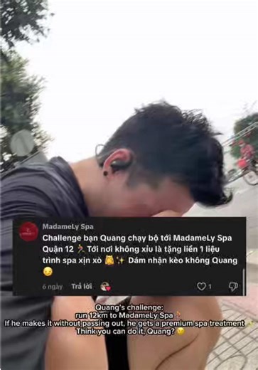 Run 12km for a free spa treatment at MadameLy Spa… can Quang @Quang Trịnh make it? 😳 - Chạy 12km để nhận liệu trình miễn phí tại MadameLy Spa… Quang có làm được không? 😳” #challenge #madamelyspa #running #goidauduongsinh #asmr