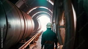 Industrial worker at the factory. Heavy industry concept. Industrial background, An engineer rear view working in front of steel pipes , AI Generated