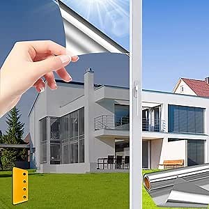 One Way Window Privacy Film,Heat Control and Anti UV Window Tint for Home,Sun Blocking Window Film See Out Not in,Explosion-Proof Window Cling Privacy Film (Silver, 23.6 Inch x 13.1 Feet)