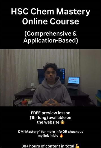 DM “Mastery” for access to the online course 1hr of FREE previewable content 🔥 For any year 12 students that are looking to get ahead in their holidays or learn at their own pace in their own time, the HSC Chem Mastery Online Course provides a comprehensive overview of the entire syllabus, streamlined to put emphasis on how students ACTUALLY get tested in their exams. As a 2022 North Sydney Boys graduate, I’ve personally completed 50 Chem past papers to date and analysed over 100 to pinpoint ex