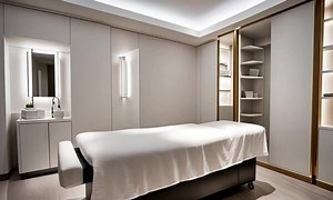 Beauty and body care. Interior of new beauty salon with spa massage table and set of skincare products ready for use. Empty professional dermatologist room waiting for customers