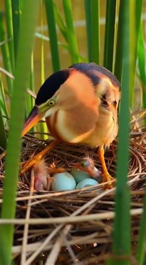 YELLOW BITTERN Bird’s Nest Reed Bed Nesting in the Wild.