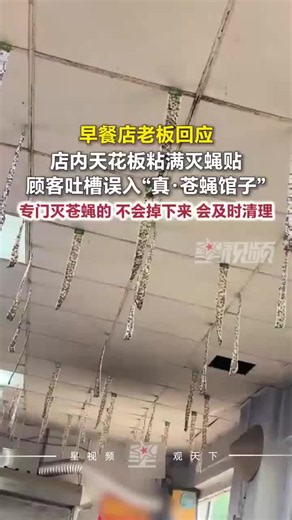 餐饮店天花板上粘满灭蝇贴，密密麻麻粘满苍蝇，店主：会及时清理