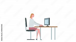 Flat cartoon colorful woman character animation. Girl female computer typing work situation