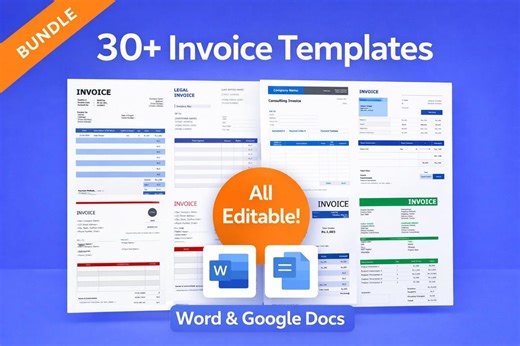 30  Invoice Templates Bundle | Editable Business Invoices | Word & Google Docs