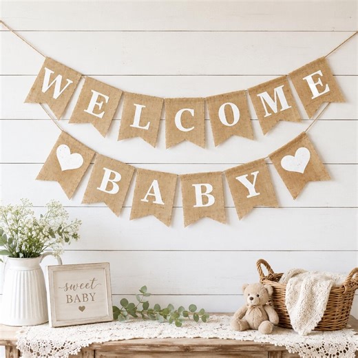 Welcome Baby Burlap Banner, Baby Shower Sign, Pre-strung Gender Reveal Banner for Boy or Girl Baby Party Decor - Etsy