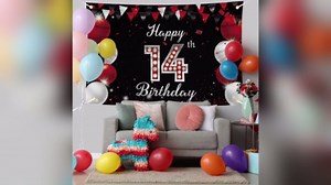 JOYKY Happy 14th Birthday Banner Backdrop, Red Black Happy 14th Birthday Decorations for Boys Girls, 14 Year Old Birthday Party Supplies Décor, 5.9 X 3.8 Fts