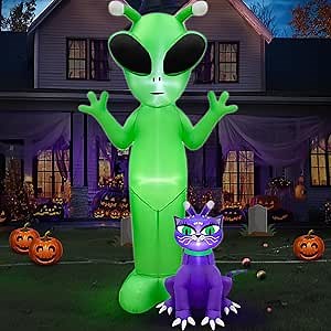 TURNMEON 6 Ft Halloween Inflatables Alien and Alien Cat Outdoor Decorations with Built-in LED Lights, Blow Up Inflatable Halloween Alien Decorations for Yard Lawn Garden Outside Holiday Party Decor