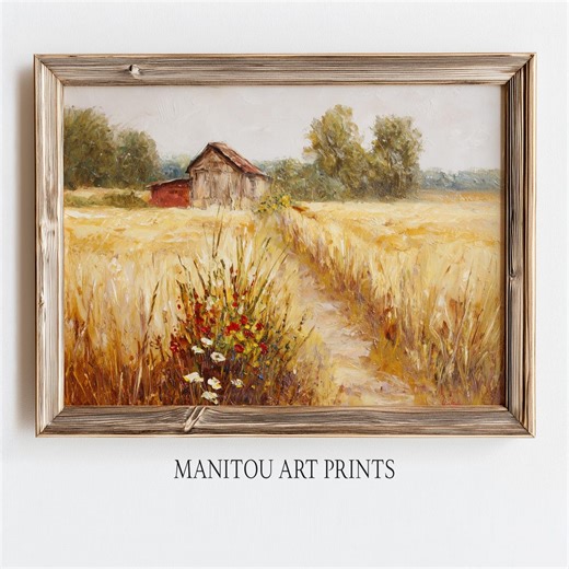 Rustic Summer Wheat Field Landscape - Cottagecore Farmhouse Path, Vintage Barn Scene, Cozy Painted Countryside Art, Printable Download 1946 - Etsy