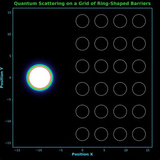 Um tiquinho de Física on Instagram: "Post #3 — Quantum Scattering on a Grid of Ring-Shaped Barriers (V = 200) This is the third post in the series requested by followers. The simulation setup and ring geometry are the same as in Posts #1 and #2. Here we increase the barrier height to V=200. At this value, the rings behave as strong quantum barriers. The wave packet now barely penetrates the ring regions. Most of the probability density is reflected or diffracted around the rings. Transmission th