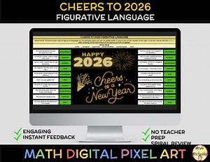 Figurative Language New Years 2026 ELA, Self-Checking Pixel Art